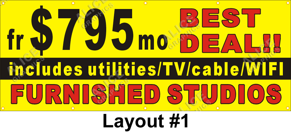 46inX120in Custom Printed FURNISHED STUDIOS For Rent Vinyl Banner Sign